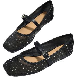 image:imageMakeMeChic Womens Lace Mesh Ballet Flats Shoes Square Closed Toe Shoes Breathable Summer FlatsSparkly Black