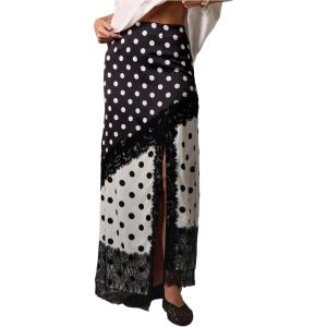 image:imageMakeMeChic Womens Lace Polka Dots Maxi Skirt High Waist Split Thigh Y2k SkirtsBlack and White
