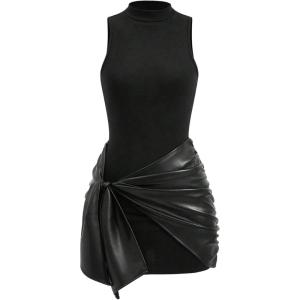 image:imageMakeMeChic Womens Leather Dress Sleeveless Summer Dresses with Ruched Wrap Tie Skirts Date Night OutfitBlack