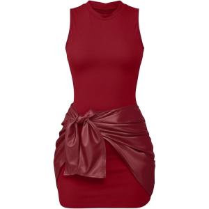 image:imageMakeMeChic Womens Leather Dress Sleeveless Summer Dresses with Ruched Wrap Tie Skirts Date Night OutfitBurgundy