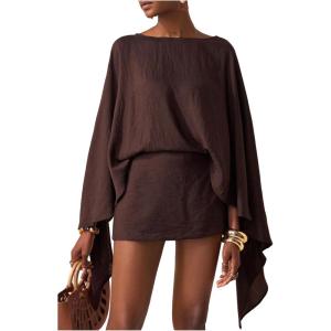 image:imageMakeMeChic Womens Linen Two Piece Set Summer Poncho Tops and Skort Going Out Beach Vacation OutfitsBrown