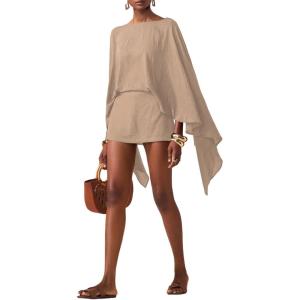 image:imageMakeMeChic Womens Linen Two Piece Set Summer Poncho Tops and Skort Going Out Beach Vacation OutfitsKhaki