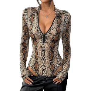 image:imageMakeMeChic Womens Long Sleeve Bodysuit Turtleneck Shapewear Half Zip Up Going Out Sexy TopsBrown