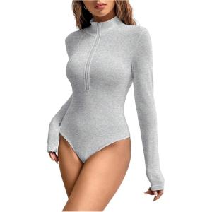 image:imageMakeMeChic Womens Long Sleeve Bodysuit Turtleneck Shapewear Half Zip Up Going Out Sexy TopsLight Grey