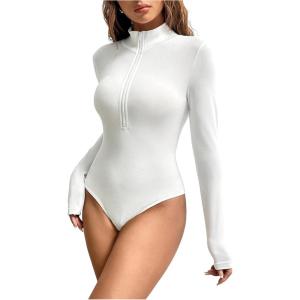 image:imageMakeMeChic Womens Long Sleeve Bodysuit Turtleneck Shapewear Half Zip Up Going Out Sexy TopsWhite