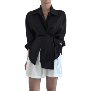 image:imageMakeMeChic Womens Long Sleeve Shirts Button Down Shirt Wrap Tie Front Office Blouse TopsBlack
