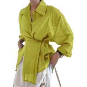image:imageMakeMeChic Womens Long Sleeve Shirts Button Down Shirt Wrap Tie Front Office Blouse TopsMustard Yellow