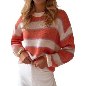 image:imageMakeMeChic Womens Long Sleeve Striped Sweater Crew Neck Y2K Fall Pullover Knit TopOrange