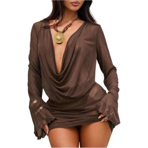 image:imageMakeMeChic Womens Mesh Club Dress Long Sleeve Cowl Neck Mini Dress Draped Swimsuit CoverupBrown