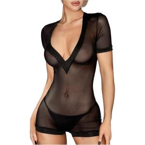 image:imageMakeMeChic Womens Mesh Sexy Jumpsuit Sheer Deep V Neck Short Sleeve Bodycon Shorts Casual RomperBlack
