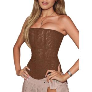 image:imageMakeMeChic Womens Mesh Strapless Bustier Corset Lace Up Back Overbust Tube TopsBrown