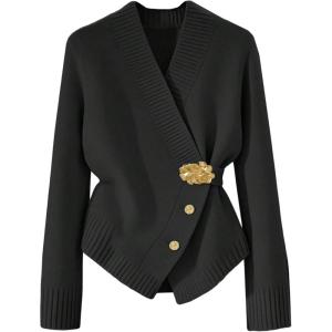 image:imageMakeMeChic Womens Metal Button Up Sweaters Cardigan Wrap V Neck Tie Back Long Sleeve Knit TopsBlack