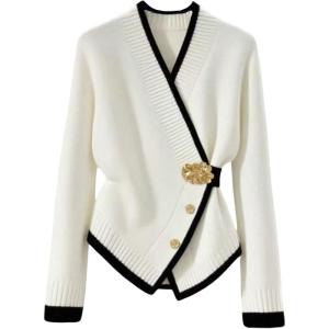 image:imageMakeMeChic Womens Metal Button Up Sweaters Cardigan Wrap V Neck Tie Back Long Sleeve Knit TopsBlack and White