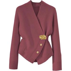 image:imageMakeMeChic Womens Metal Button Up Sweaters Cardigan Wrap V Neck Tie Back Long Sleeve Knit TopsBurgundy