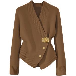 image:imageMakeMeChic Womens Metal Button Up Sweaters Cardigan Wrap V Neck Tie Back Long Sleeve Knit TopsCoffee Brown