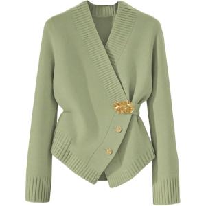 image:imageMakeMeChic Womens Metal Button Up Sweaters Cardigan Wrap V Neck Tie Back Long Sleeve Knit TopsMint Green