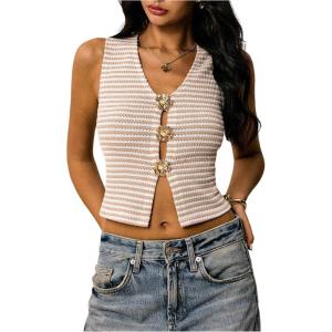 image:imageMakeMeChic Womens Metal Floral Summer Crop Tops V Neck Knit Split Sleeveless Sweater VestsApricot and White