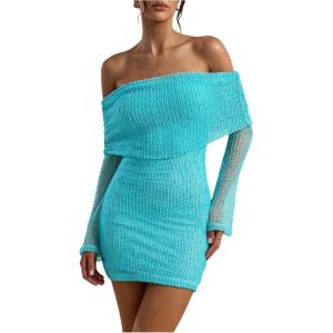 image:imageMakeMeChic Womens Off The Shoulder Bodycon Dress Mesh Long Sleeve Party Mini DressesMint Green