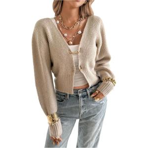 image:imageMakeMeChic Womens Old Money Clothes Cropped Cardigan Sweater Long Sleeve Cut Out V Neck Business Casual TopsApricot