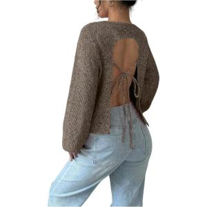 image:imageMakeMeChic Womens Open Back Sweater Tie Backless Long Sleeve Crew Neck Y2K Knit TopsBrown