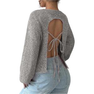 image:imageMakeMeChic Womens Open Back Sweater Tie Backless Long Sleeve Crew Neck Y2K Knit TopsLight Grey