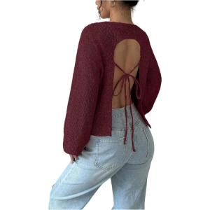 image:imageMakeMeChic Womens Open Back Sweater Tie Backless Long Sleeve Crew Neck Y2K Knit TopsRed a