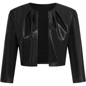 image:imageMakeMeChic Womens PU Leather Cropped Jacket 34 Sleeve Pleated Open Front Coat OuterwearBlack