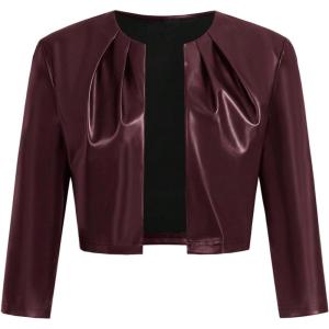 image:imageMakeMeChic Womens PU Leather Cropped Jacket 34 Sleeve Pleated Open Front Coat OuterwearBurgundy