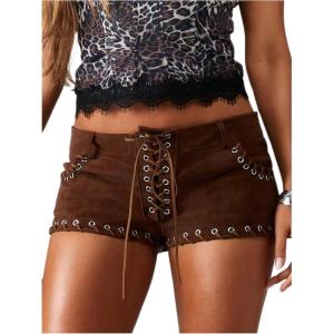 image:imageMakeMeChic Womens PU Leather Lace Up Mini Shorts Low Waisted Straight Leg Goth Black Micro Rave ShortsBrown