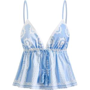 image:imageMakeMeChic Womens Paisley Print V Neck Camisole Spaghetti Strap Tie Front Ruffle Fringe Boho Tank TopsBlue