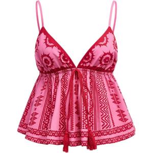 image:imageMakeMeChic Womens Paisley Print V Neck Camisole Spaghetti Strap Tie Front Ruffle Fringe Boho Tank TopsBoho Pink