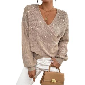 image:imageMakeMeChic Womens Pearl Wrap Sweater Long Sleeve Knit Pullover Holiday SweatersBrown