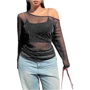 image:imageMakeMeChic Womens Plus Size Y2K Tops Asymmetrical Mesh Sheer Long Sleeve Going Out Tops Tee ShirtsBlack