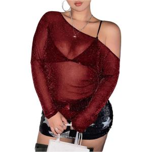 image:imageMakeMeChic Womens Plus Size Y2K Tops Asymmetrical Mesh Sheer Long Sleeve Going Out Tops Tee ShirtsBurgundy