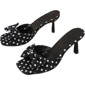 image:imageMakeMeChic Womens Polka Dots Bow Knot Heeled Sandals Square Toe Slide ShoesBlack and White