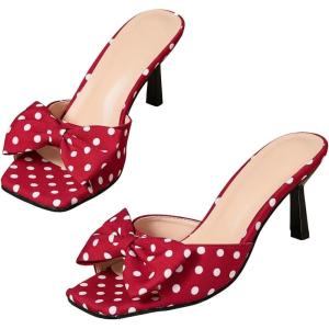 image:imageMakeMeChic Womens Polka Dots Bow Knot Heeled Sandals Square Toe Slide ShoesRed and White