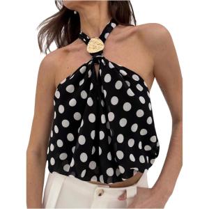 image:imageMakeMeChic Womens Polka Dots Halter Crop Tops Metal Open Back Sleeveless Going Out TopBlack