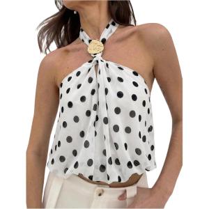 image:imageMakeMeChic Womens Polka Dots Halter Crop Tops Metal Open Back Sleeveless Going Out TopWhite