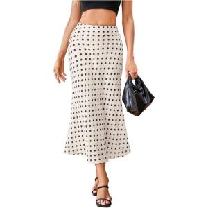 image:imageMakeMeChic Womens Polka Dots Midi Skirt Satin Silk Summer Flowy Pencil Long SkirtsApricot