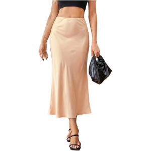 image:imageMakeMeChic Womens Polka Dots Midi Skirt Satin Silk Summer Flowy Pencil Long SkirtsApricot Solid