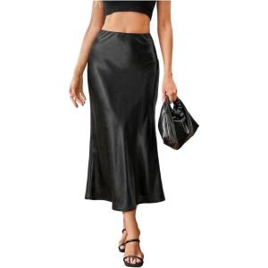 image:imageMakeMeChic Womens Polka Dots Midi Skirt Satin Silk Summer Flowy Pencil Long SkirtsBlack Solid
