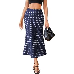 image:imageMakeMeChic Womens Polka Dots Midi Skirt Satin Silk Summer Flowy Pencil Long SkirtsBlue
