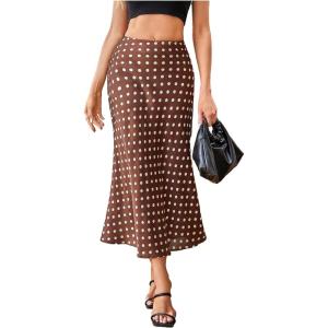 image:imageMakeMeChic Womens Polka Dots Midi Skirt Satin Silk Summer Flowy Pencil Long SkirtsBrown