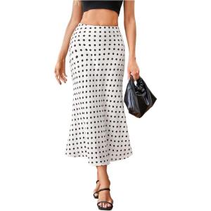 image:imageMakeMeChic Womens Polka Dots Midi Skirt Satin Silk Summer Flowy Pencil Long SkirtsWhite