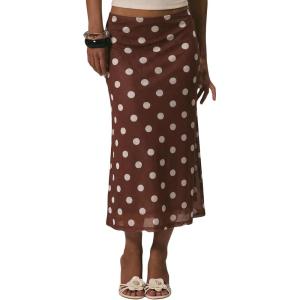 image:imageMakeMeChic Womens Polka Dots Midi Skirt Summer Mesh Flowy Long SkirtsCoffee Brown