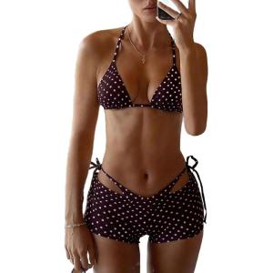 image:imageMakeMeChic Womens Polka Dots Triangle Bikini Sets Swim Shorts Y2K Leopard Striped Bathing Suit SwimsuitPolka Dots Brown