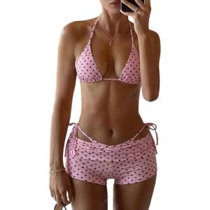 image:imageMakeMeChic Womens Polka Dots Triangle Bikini Sets Swim Shorts Y2K Leopard Striped Bathing Suit SwimsuitPolka Dots Pink