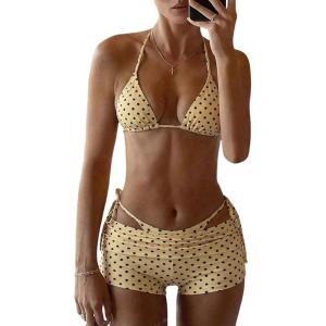 image:imageMakeMeChic Womens Polka Dots Triangle Bikini Sets Swim Shorts Y2K Leopard Striped Bathing Suit SwimsuitYellow Polka Dots