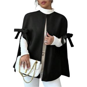 image:imageMakeMeChic Womens Poncho Cape Coat Bow Knot Crew Neck Open Front Jacket OuterwearBlack
