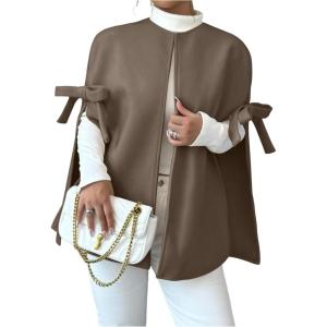 image:imageMakeMeChic Womens Poncho Cape Coat Bow Knot Crew Neck Open Front Jacket OuterwearMocha Brown